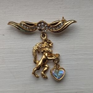 Lion Angel Gryffin pin brooch gold tone rhinestone 10k gold plated